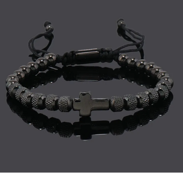 Steel Cross Adjustable Beaded Bracelet