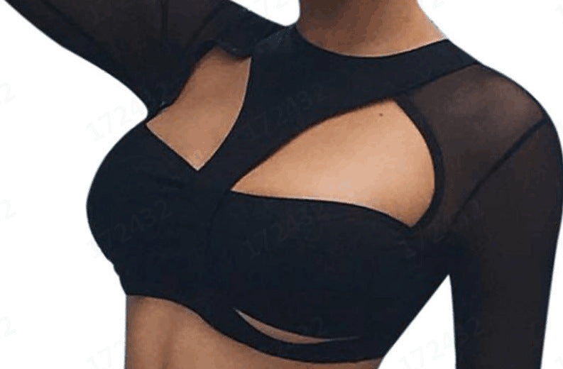 Black Mesh Cut-Out Long-Sleeve Bikini Set