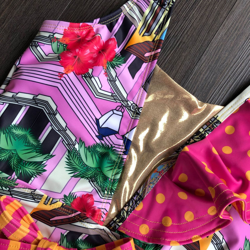 Tropical Bird Print Ruffle One-Piece Swimsuit