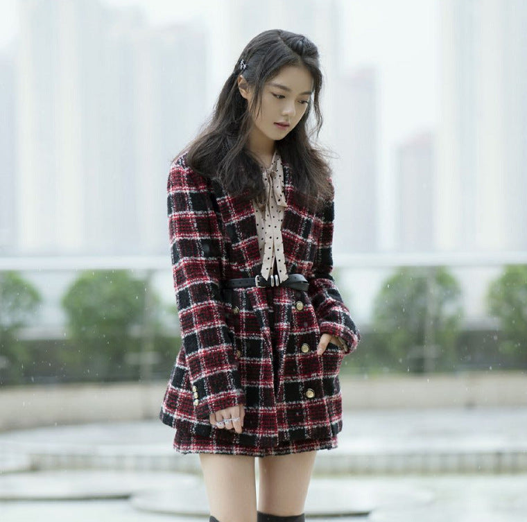 Plaid Tweed Jacket and High Waist Shorts Set for Women