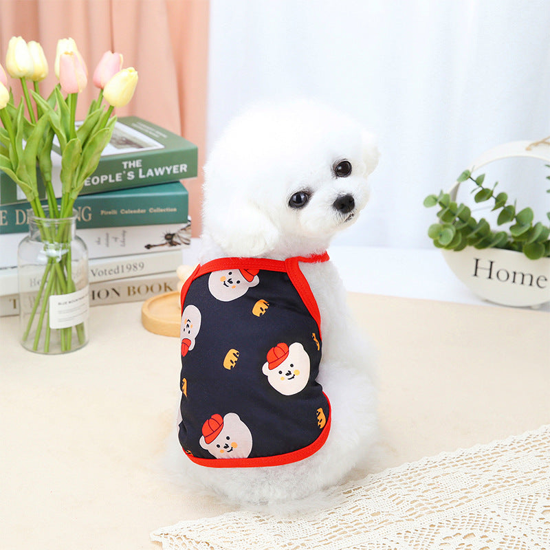 Small Dog Cartoon Face Print Tank Top, Soft Breathable Sleeveless Pet Vest with Contrast Red Trim for Puppies and Cats