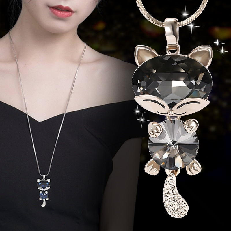 Long Sweater Chain with Crystal Cat Pendant