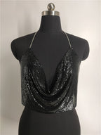 Metallic Sequin Chain Strap Deep V Crop Top for Women