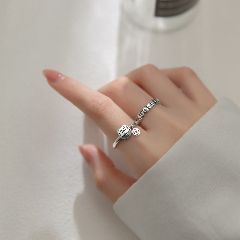 Lucky Cat Ring with Coin Charm for Women