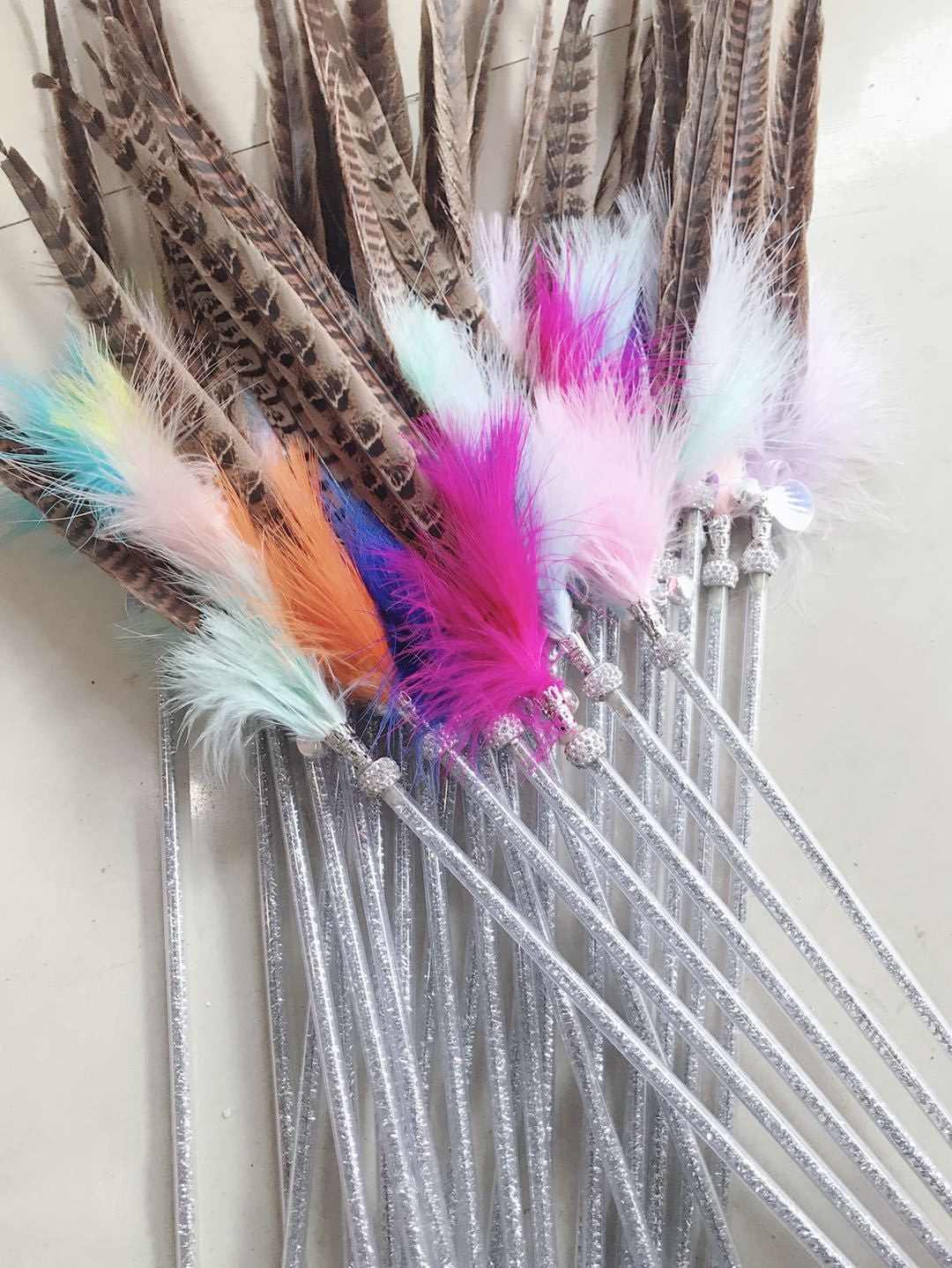 Feather Cat Teaser Wand Interactive Cat Toy with Natural Pheasant and Fluffy Marabou Feathers Bell Glitter Wand for Indoor Cats Kittens