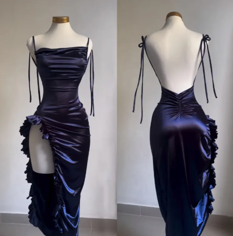Backless Ruched Satin Spaghetti Strap Maxi Dress with Ruffle Slit