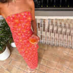 Pleated Mesh Floral Print Tube Top Dress