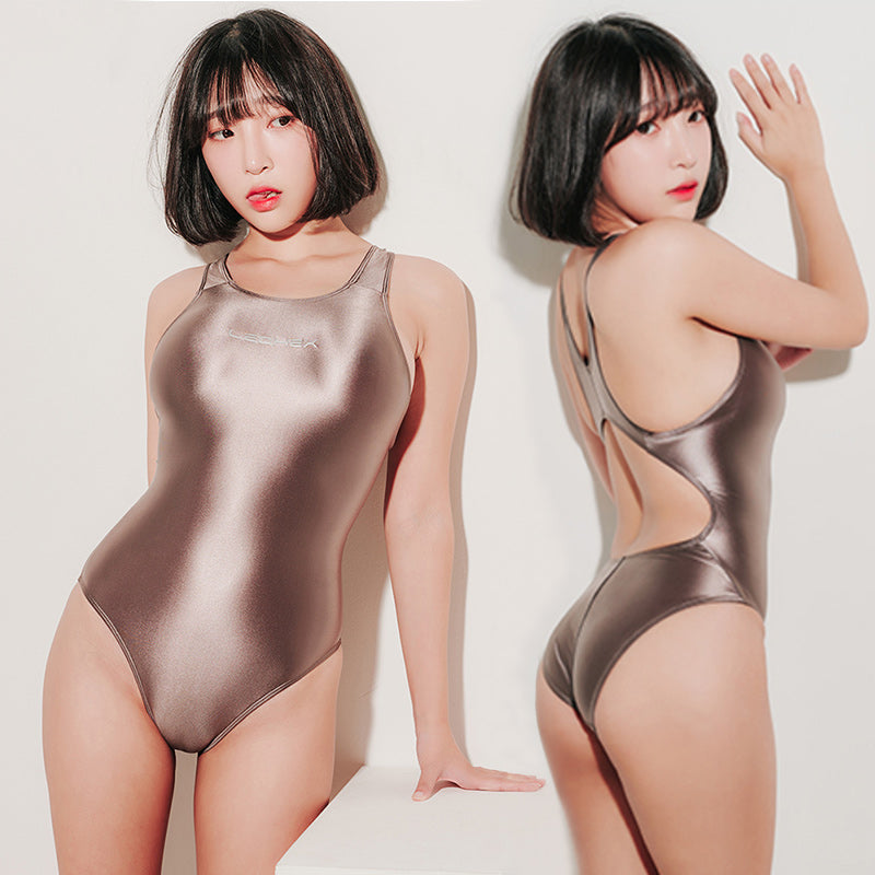 High-Cut Glossy One-Piece Swimsuit