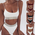 Women's Wine Red Rhinestone High-Waist Bikini Set
