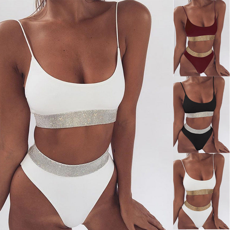 Women's Wine Red Rhinestone High-Waist Bikini Set
