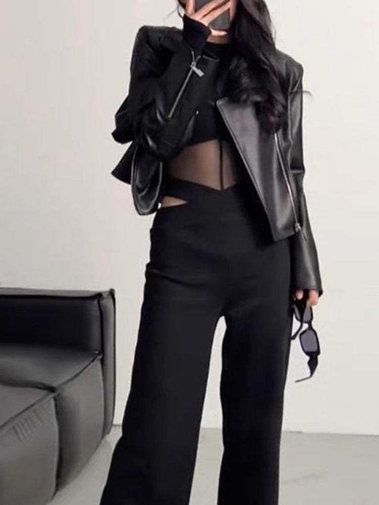 Black Long Sleeve Slim Fit Crop Top for Women