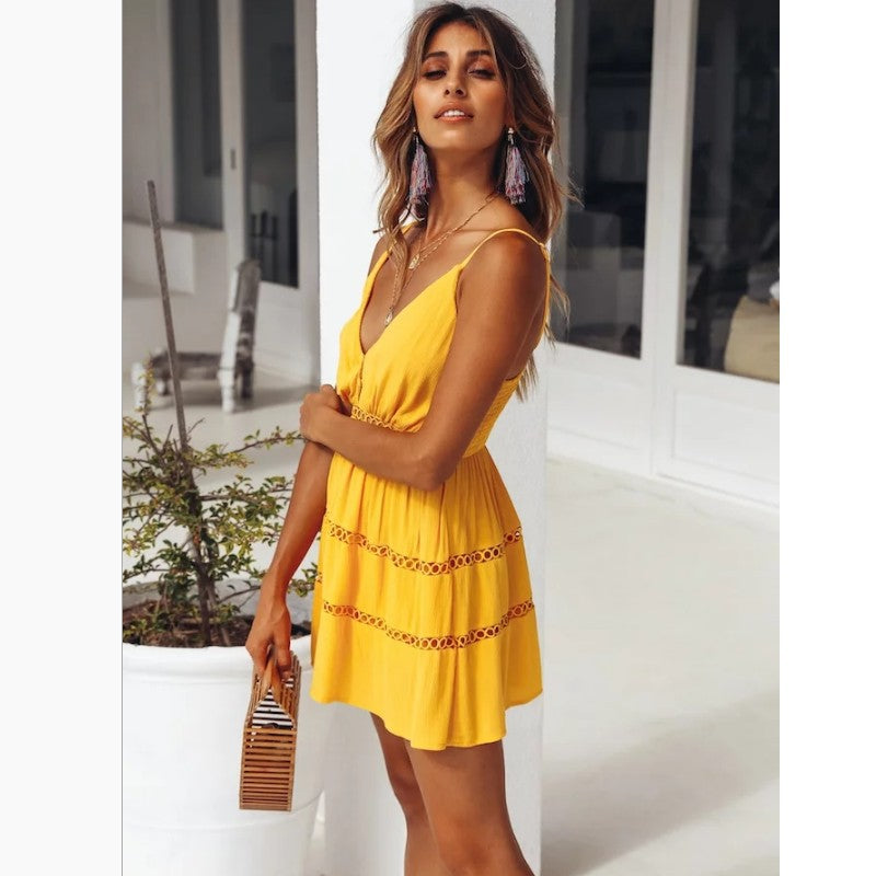 Summer Solid Color Spaghetti Strap Dress in Yellow