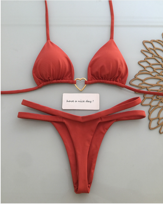 Red Triangle Thong Bikini Set with Heart Ring