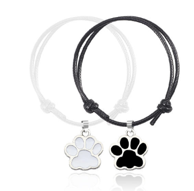 Adjustable Cord Bracelet with Black and White Dog Paw Charms