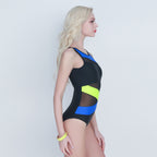 Black Neon Mesh Stripe One-Piece Swimsuit