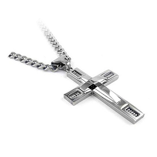 Two-Tone Cross Pendant Curb Chain Necklace for Men