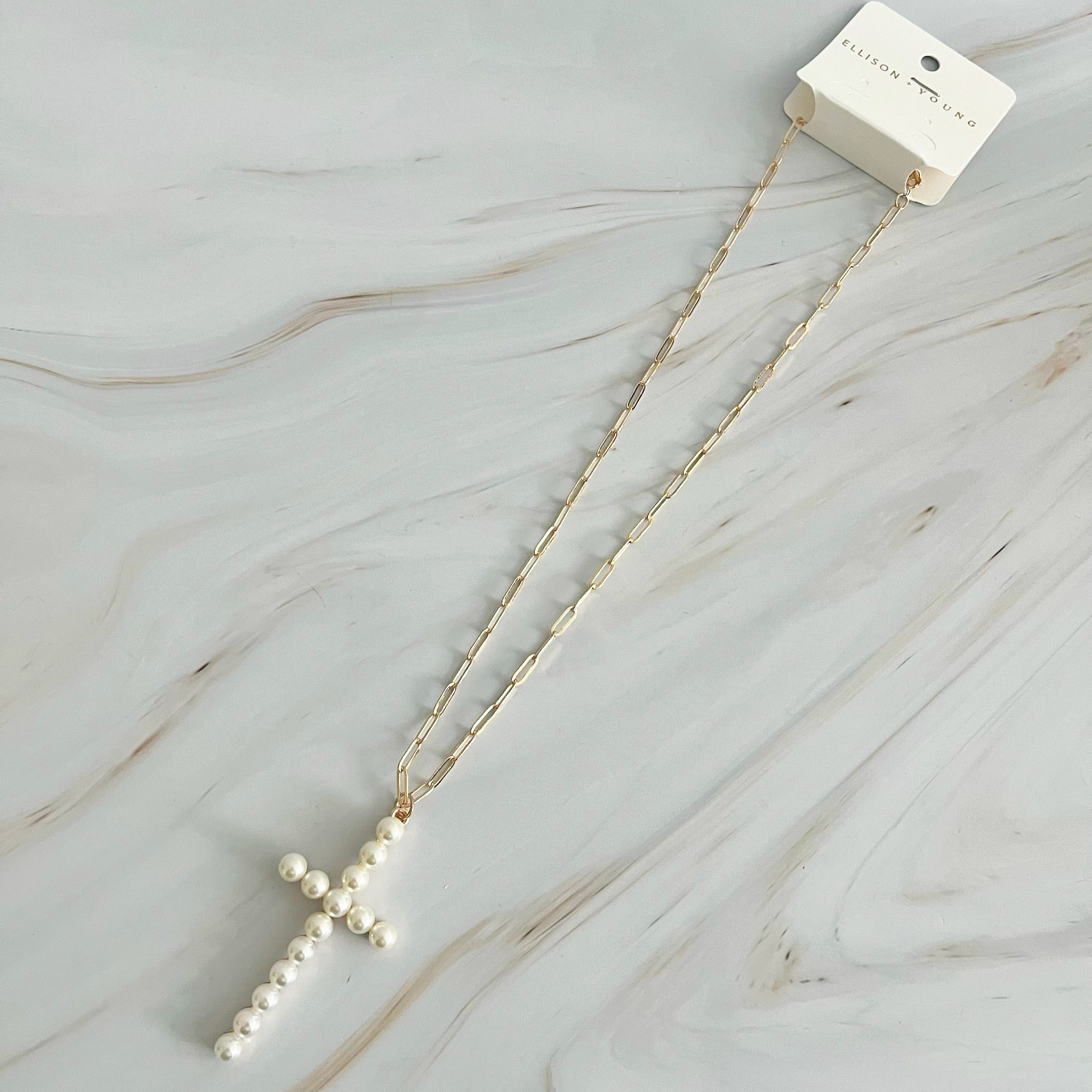 Pearl Cross Pendant Paperclip Chain Necklace