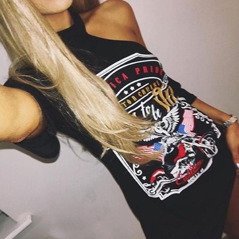 Printed Off-Shoulder Halter Top, Long Women's T-Shirt