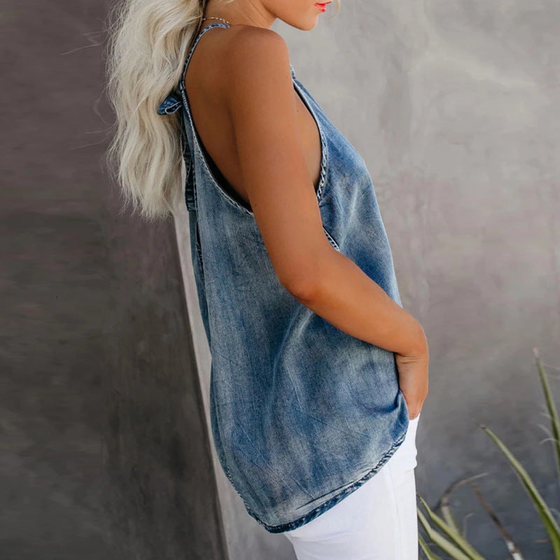 Women's Denim Tank Top with Open Back Design