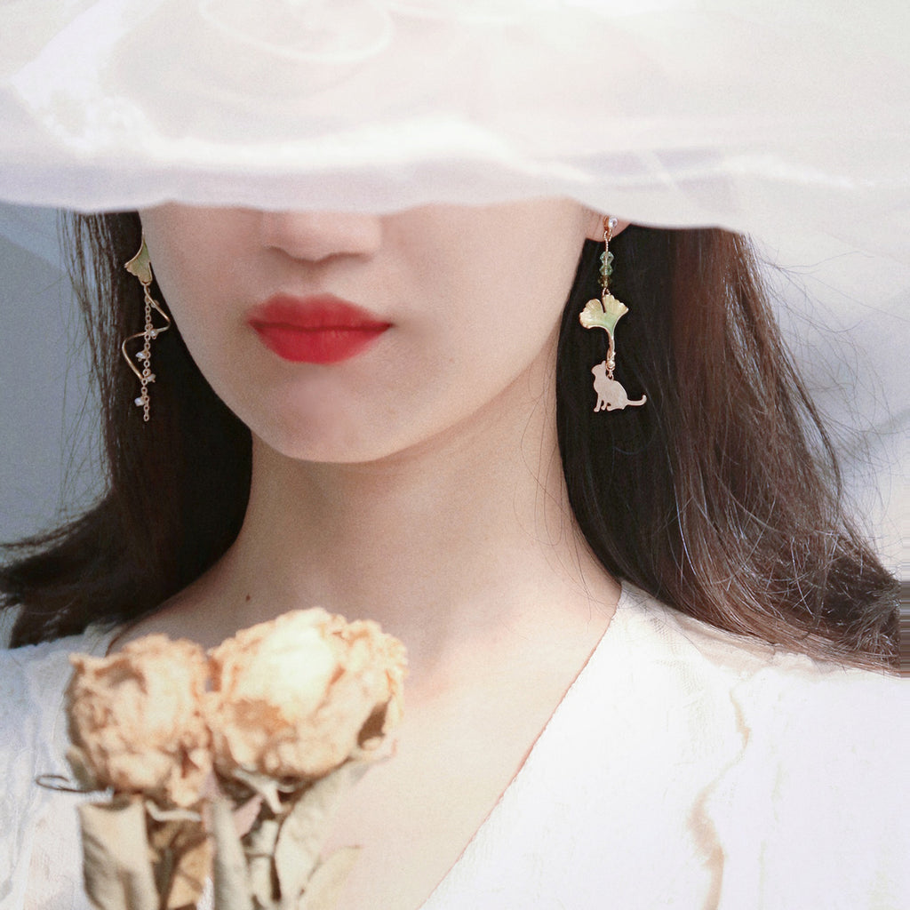 Ginkgo Leaf and Cat Drop Earrings