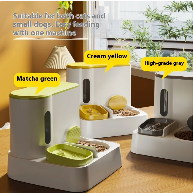 Automatic Cat Feeder and Water Dispenser Combo, Gravity Dual-Bowl Pet Food & Water Station for Cats and Small Dogs, No Power Needed