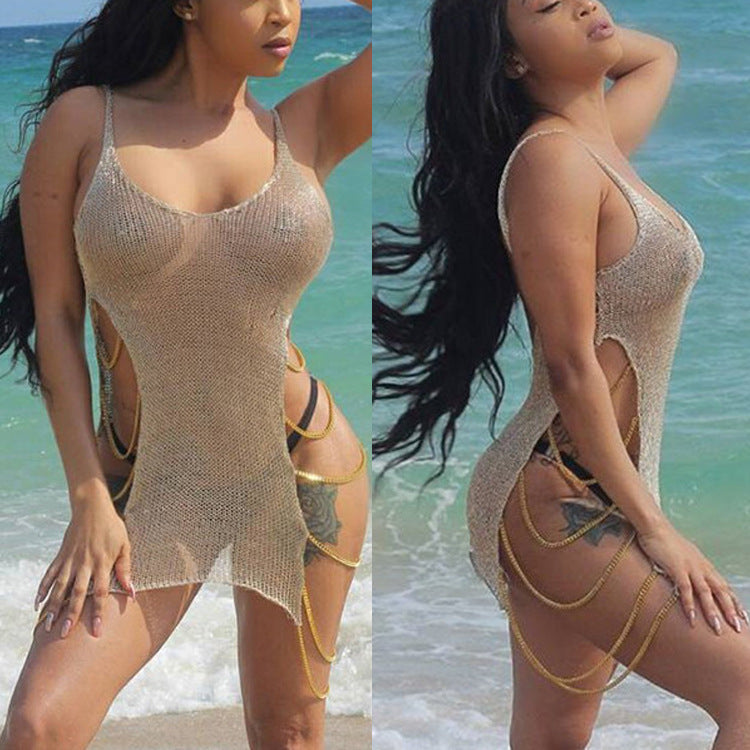 Gold Metallic Sheer Knit Beach Cover-Up Dress