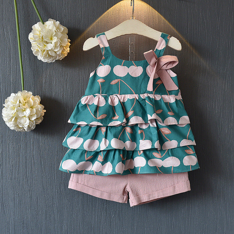 Girls' Cherry Print Ruffle Tank Top and Shorts Set