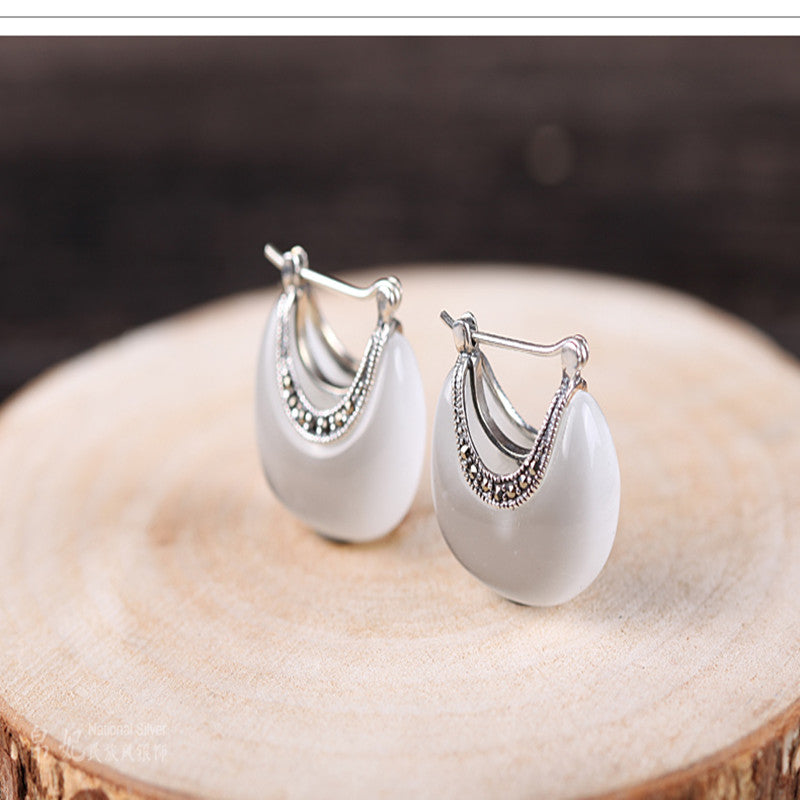 Silver Vintage Cat's Eye Stone Earrings