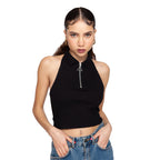 Solid Color Zipper Crop Top with Halter Neck