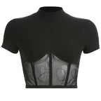 Crop Top with High Neck and Sheer Mesh Details