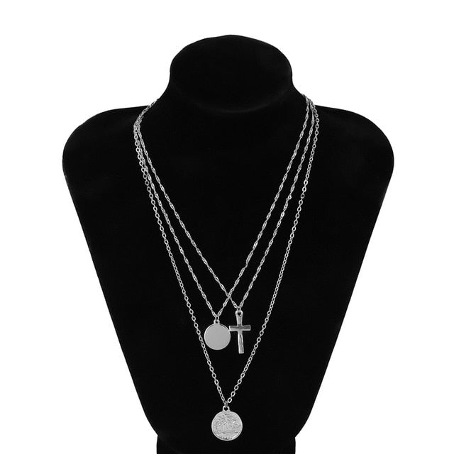 Layered Cross and Coin Pendant Necklace for Women