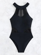 High-Neck Mesh Panel One-Piece Swimsuit