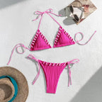 Beige Ribbed Triangle String Bikini Set