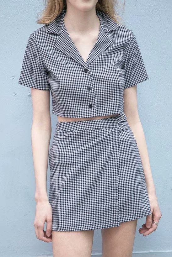 Vintage Plaid Crop Top A-Line Skirt Set