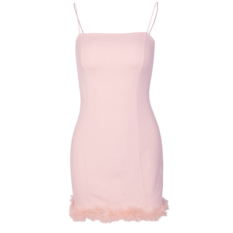 Feather Trim Spaghetti Strap Bodycon Mini Dress