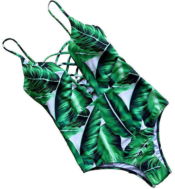 Tropical Leaf Print Strappy One-Piece Swimsuit