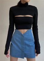 Hollow High-neck Ribbed Long-sleeved Crop Top