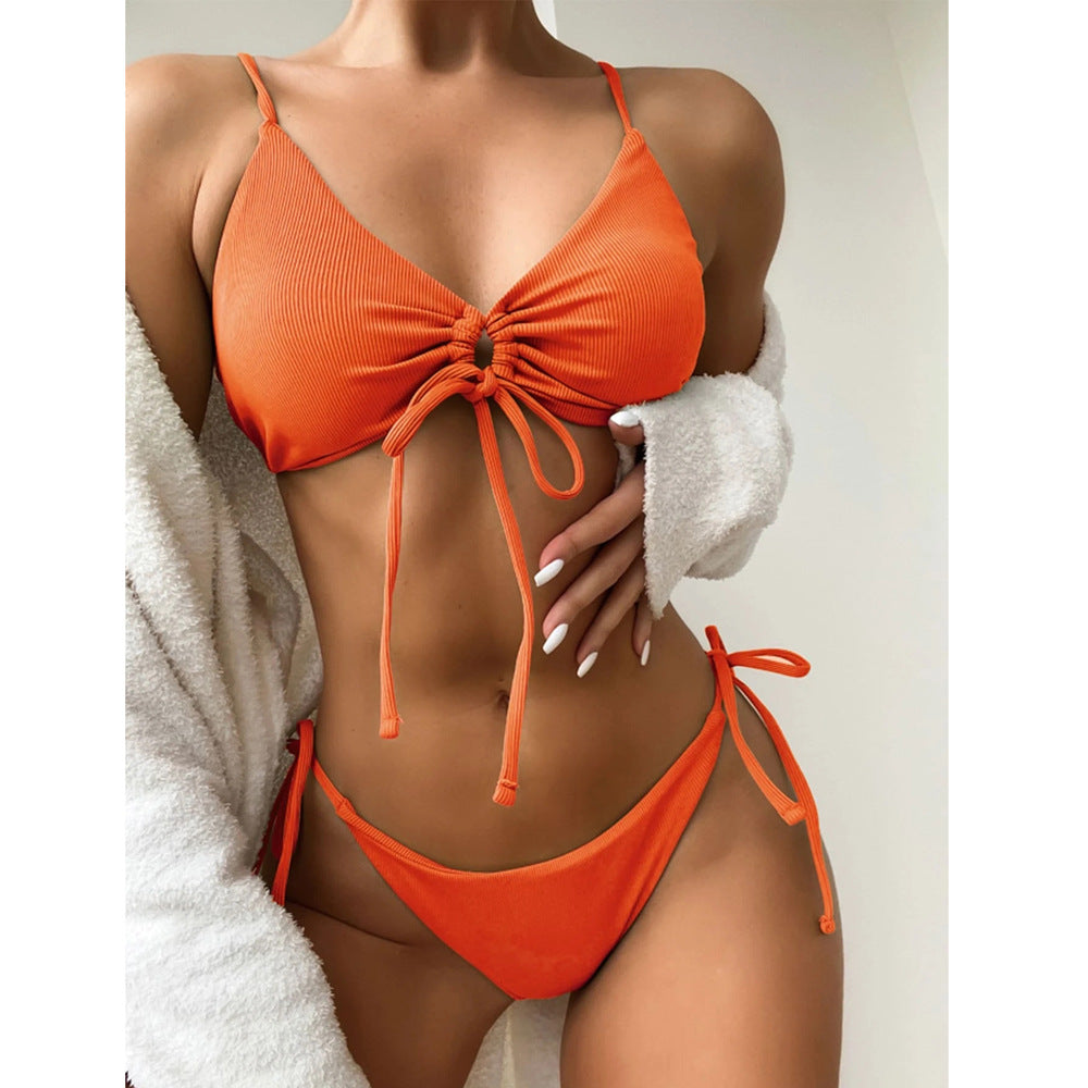 Mint Ribbed Tie-Front Drawstring Bikini Set