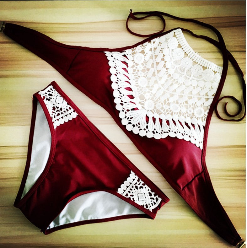 Women's High-Neck Crochet Lace Panel Bikini Set