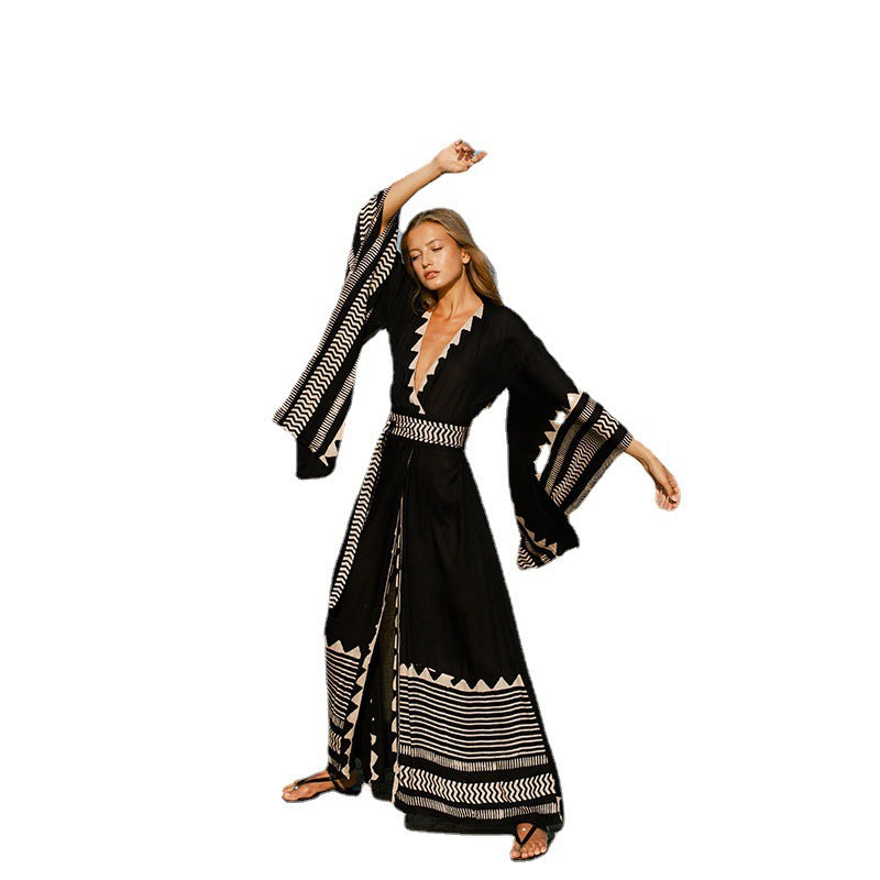 Botanical Print Long Kimono Beach Cover-Up