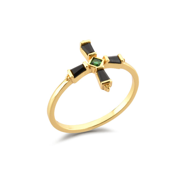 T-shaped Black & Green Cross Ring