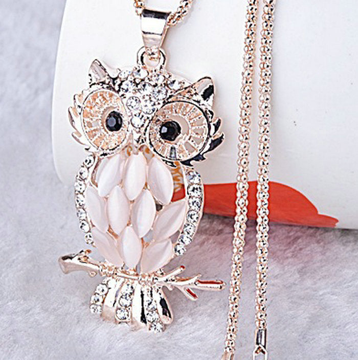 Opal Owl Pendant Sweater Necklace