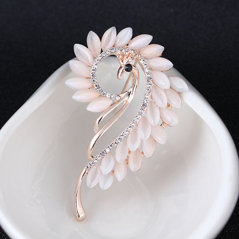 Cat Eye Stone Peacock Brooch with Rhinestones