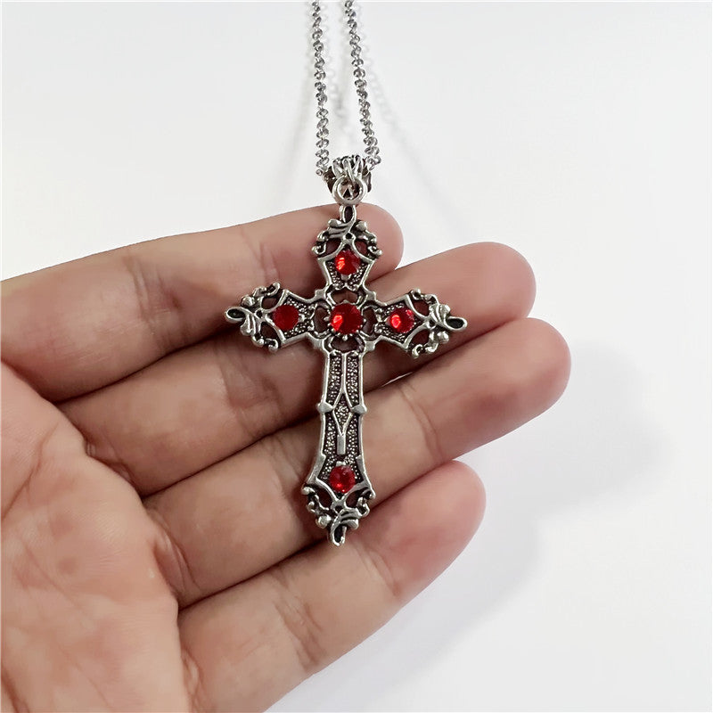 Silver Gothic Cross Necklace with Red Crystals