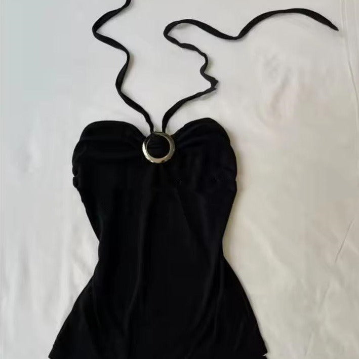 Y2K Slim Waist Black Halter Top