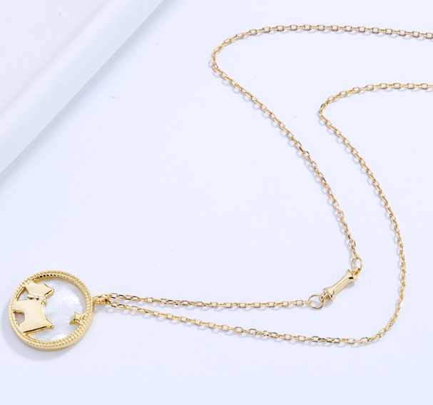 Gold Dog Pendant Necklace with Shell Inlay