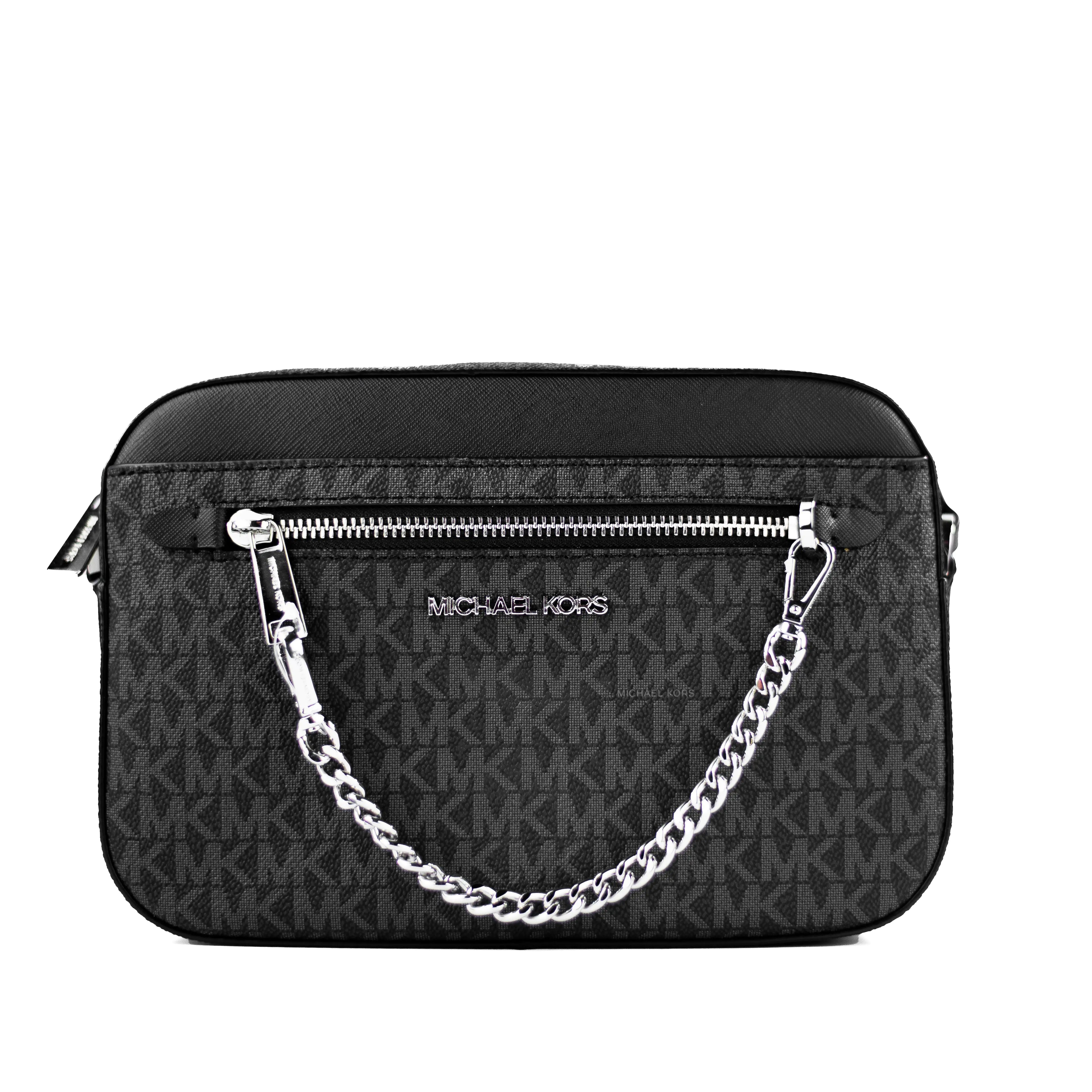Michael Kors Jet Set Large East West Black Signature Leather Zip Chain Crossbody Bag