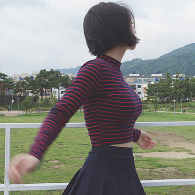 Striped Long Sleeve Crop Top Blouse
