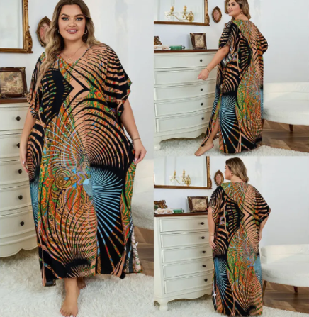 Animal Print Long Kaftan Beach Cover-Up Dress