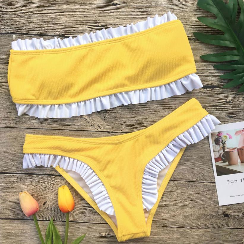 Yellow Ruffle-Trim Bandeau Bikini Set